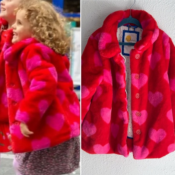 Mini Boden Other - Boden Faux Fur Coat, Rockabilly Red/ Pink Hearts Sz 8-9Y